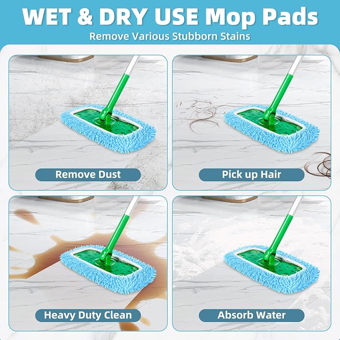 Reusable Microfiber Mop Pads Compatible with Swiffer Sweeper Mop, Washable Wet Pads Refill & Chenille Dry Sweeping Cloths for Use on All Sealed Floors - Wood, Laminate, Stone & Tile (10 Coral Blue)