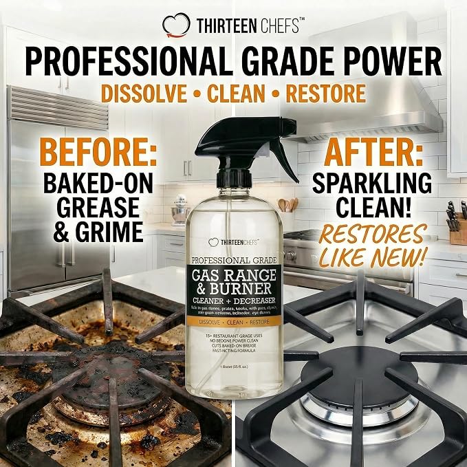 Thirteen Chefs Gas Range Cleaner and Degreaser - Stove Grates, Oven Glass Doors, Grills – Cuts Through Baked on Food (32oz)