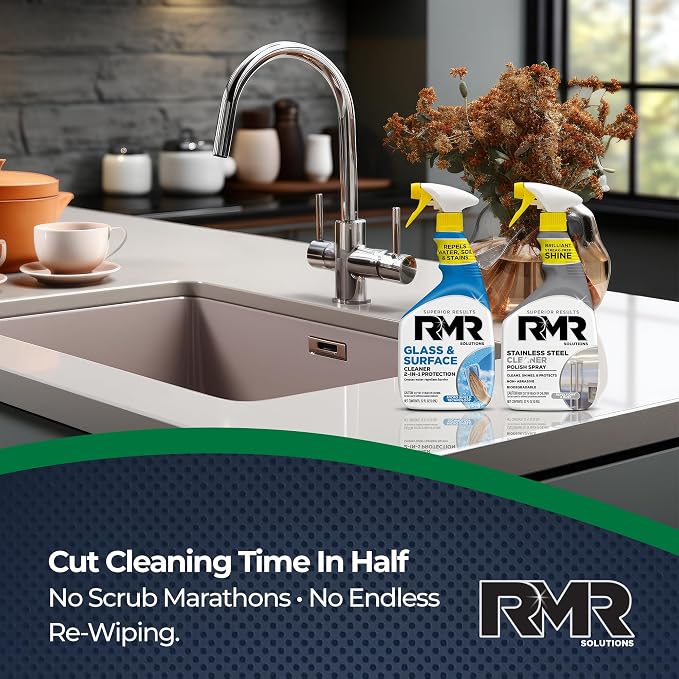 RMR Gleam Team Bundle – Glass & Surface Cleaner + Repellent and Stainless Steel Cleaner Polish, 2-Step Cleaning System for Windows, Shower Doors, Appliances, Faucets & Mirrors, 2–32 Oz Bottles