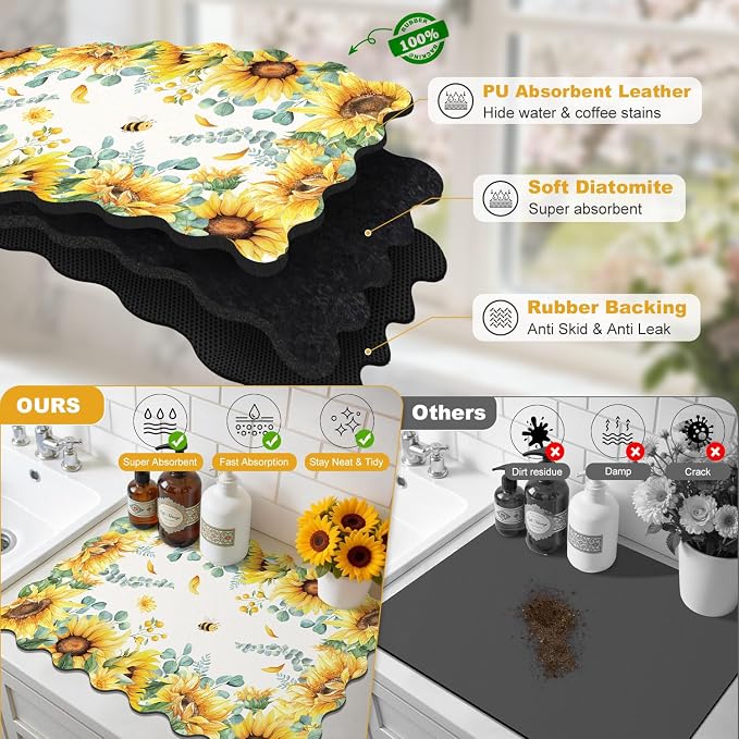 LOKHOM Scalloped Floral Dish Drying Mat, 18"x24" Super Absorbent Coffee Mat with Watercolor Yellow Sunflowers, Cuttable Hide Stain Non-slip Drying Mat for Kitchen Counter Coffee Maker Espresso Machine