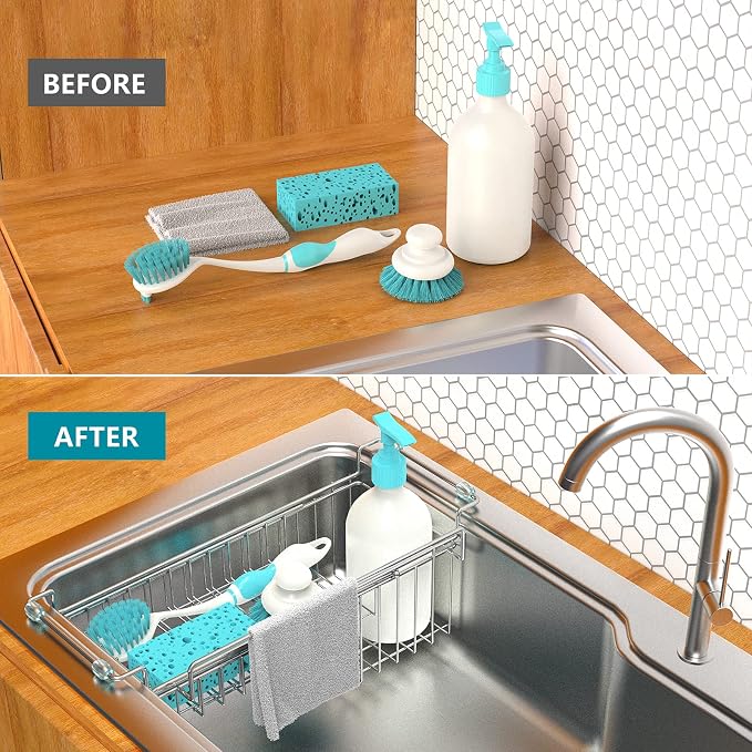 Over the Sink Caddy, Expandable Stainless Steel Sponge Holder for Kitchen Sink, 14.5-22 in Sink Organizer Rack for Sponge, Soap, Brush, Dish Cloth and Rag, Rust-Resistant Drying Holder