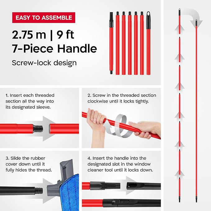 Tyroler Window Squeegee with Extension Pole 12"-110" | 100% Silicone Head | | 7-Part Windows Washing Kit with Extension Pole | Professional Windows Squeegee for Home & High Glass | Window Cleaner Tool