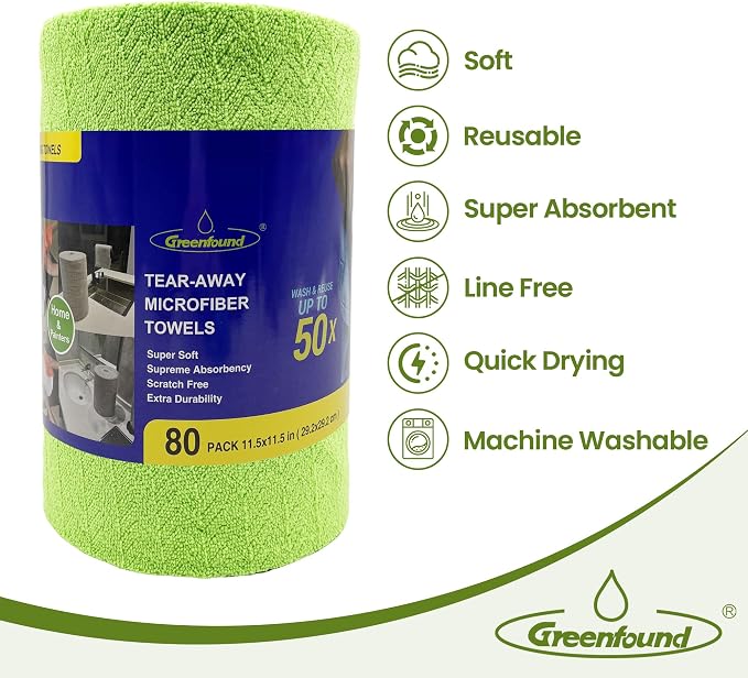 Greenfound Microfiber Cleaning Cloth Roll, 80 Pack Tear Away Towels, Reusable Washable Lint Free Scratch Free Absorbent Cleaning Rags for Kitchen Home Car Window Glass, 11.5 x 11.5 Inch Wave Green