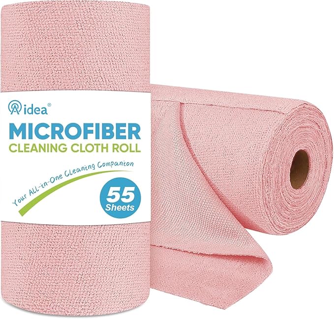AIDEA Microfiber Cleaning Cloth Roll-55 Sheets, Pink Towels, 11×9" | Reusable Paper Towels, Microfiber Towels for Cars, Cleaning Rags for Automotive, House, Kitchen, Cleaning Supplies