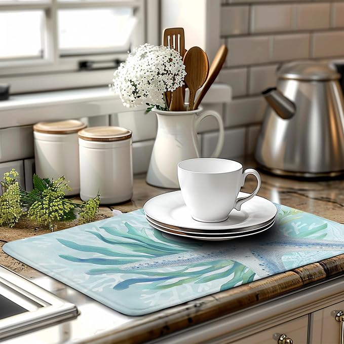 Summer Coastal Dish Drying Mats for Kitchen Counter Nautical Beach Starfish Coral Drying Pad Ocean Teal Blue Dish Draining Mats Absorbent Microfiber Dish Drainer Rack Mat Extra Large 18"x24"
