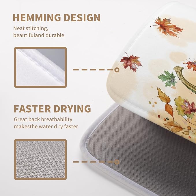 Fall Dish Drying Mat for Kitchen Counter 18×24 Inch Orange Pumpkin Drainer Pad Rustic Autumn Dish Rack Pad Drainer Mat Thanksgiving Absorbent Reversible Microfiber Dish Drying Pad for Coffee Bar