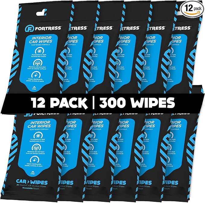 Fortress Car Interior Wipes (25 ct, Pack of 12) for Car Interior Cleaning, Dashboard, Seats, Detailing, and Steering Wheel [Travel Size] Skin-Safe Car Interior Cleaner Supplies