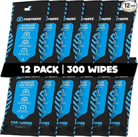 Fortress Car Interior Wipes (25 ct, Pack of 12) for Car Interior Cleaning, Dashboard, Seats, Detailing, and Steering Wheel [Travel Size] Skin-Safe Car Interior Cleaner Supplies