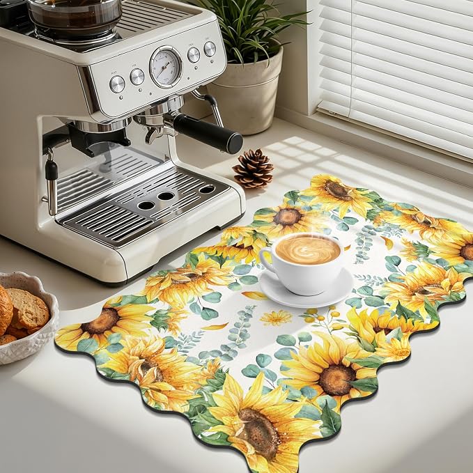 LOKHOM Scalloped Floral Dish Drying Mat, 12"x20" Super Absorbent Coffee Mat with Watercolor Yellow Sunflowers, Cuttable Hide Stain Non-slip Drying Mat for Kitchen Counter Coffee Maker Espresso Machine