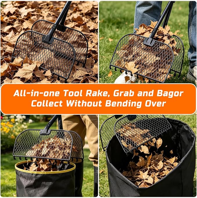 Leaf Grabber Rake, Lightweight Steel Leaf Picker Upper, Long Handle Leaf Scoop with Cushioned Grip, Multi-Use Garden Claw Tool for Lawn Yard Shrub Debris Cleanup