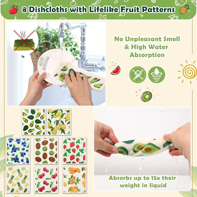 Lucomb Reusable Swedish Kitchen Dish Cloths, 8 Pack Replace Paper Towels Quick Drying Kitchen Sponges Dish Rags for Dishes Washing Home Cleaning Window Glass Wipes (Mixed Fruit)