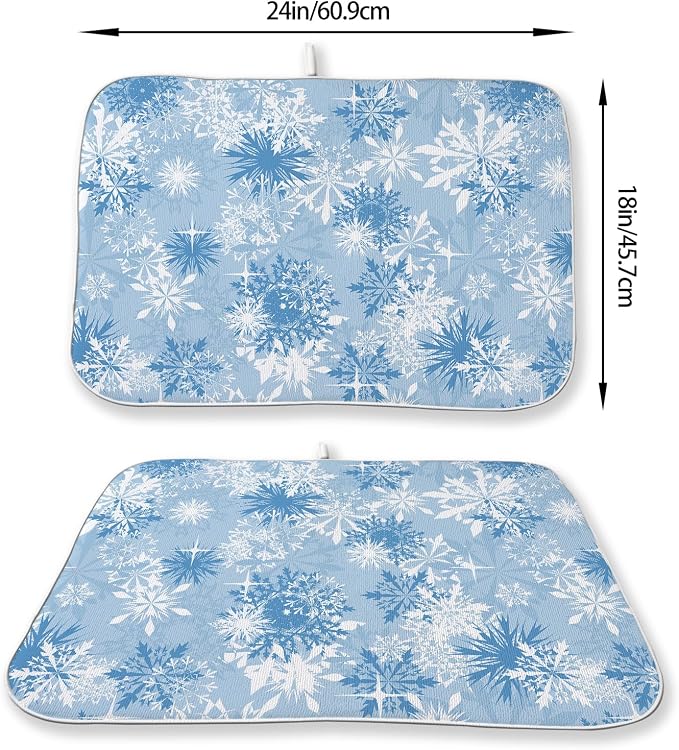 Christmas Dish Drying Mat 18x24 Inch Blue White Snowflake Winter Drying Mat Winter Xmas Holiday Absorbent Dish Drying Pad Dish Rack Drainer Mats for Kitchen Dining Counter