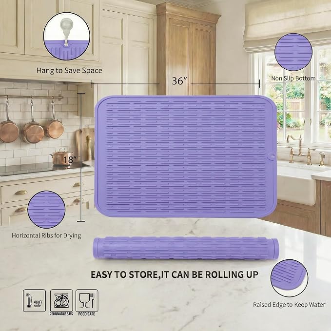 MicoYang Silicone Dish Drying Mat for Multiple Usage,Easy clean,Eco-friendly,Heat-resistant Silicone Mat for Kitchen Counter or Sink,Refrigerator or Drawer Liner Light Purple 5XL 36inches x 18inches