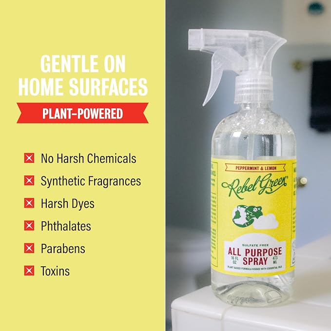 Rebel Green Natural All-Purpose Cleaning Spray - Plant-Derived Multi-Surface Cleaner with Essential Oils for Kitchen, Bath, Countertops and More - Peppermint & Lemon Scent - 16 oz - 1 Pack