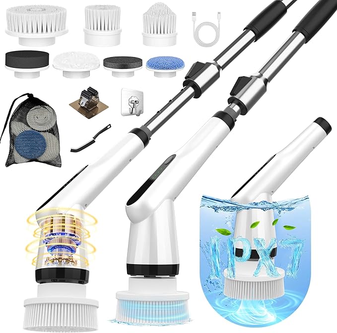 Dreazu Electric Spin Scrubber, 10-in-1 Shower Scrubber & Retractable Long Handle, 44 lbs High-Torque & Variable Speed Shower Cleaning Brush for Bathroom,Toilet, Bathtub, Kitchen, Tile Floors