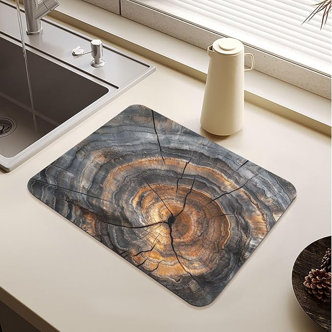 Dish Drying Mat for Kitchen Counter Wood Grain Black Absorbent Coffee Bar Mat Diatom Ooze Dish Drying Pad for Countertop Tabletop Decoration 19.7" X 15.7"
