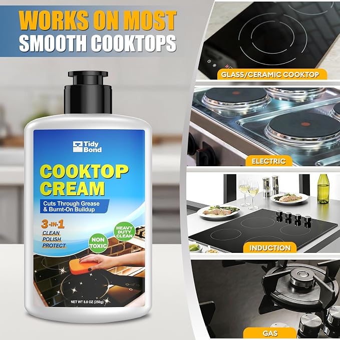 Glass Cooktop Cleaner & Polish Kit – Heavy Duty Stove Top Cleaner with Scraper & Scrubbing Pad, Removes Burnt-On Food, Grease & Tough Stains, Safe for Induction, Electric & Ceramic Cooktops – 8.8 oz