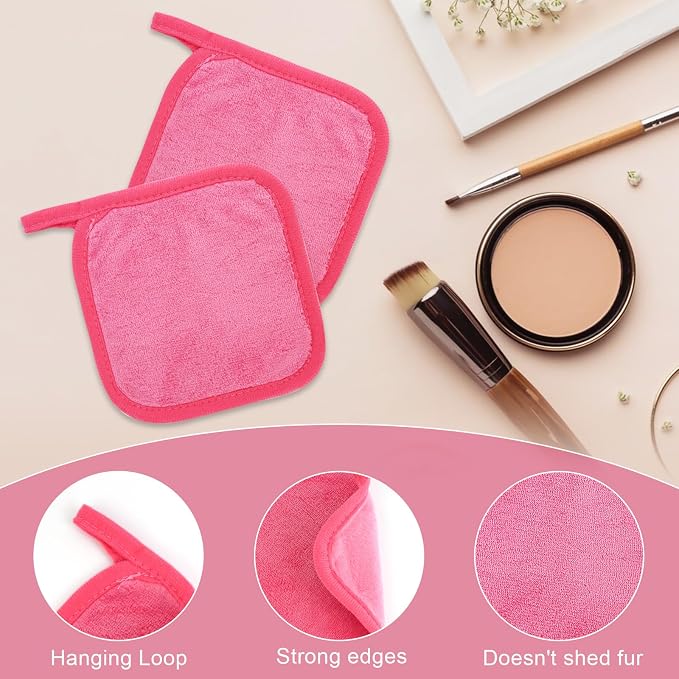 Puomue Makeup Remover Cloth 12 Pack, Ultra Soft and Reusable Microfiber Makeup Remover Towels for All Skin Types, Perfect Face Towels for Women, 6 Inch X 6 Inch, Rose Red