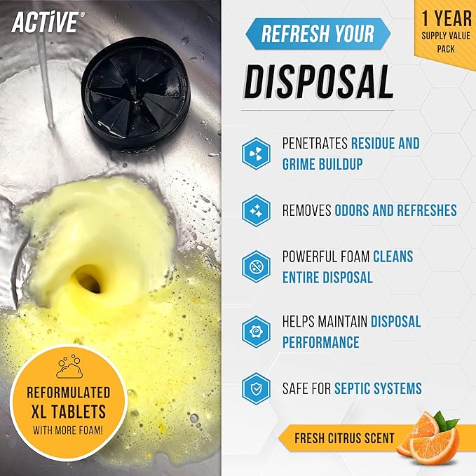 Garbage Disposal Cleaner Deodorizer Tablets - 24 Pack, New Powerful XL Foaming Tablet - Fresh Citrus Foam Sink Garburator Disposer Freshener, Natural Kitchen Drain Cleaning Care - 1 Year Supply