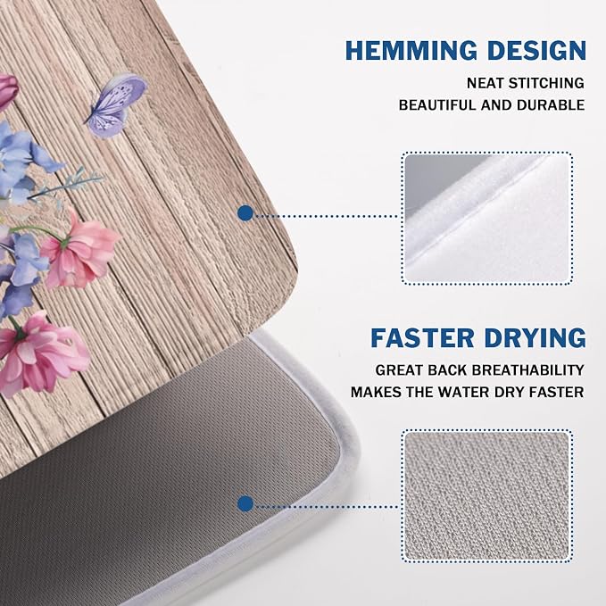 Purple Floral Wooden Board Dish Drying Mat 18x24 Inch | Vases，Vintage，Polyester，Absorbent Microfiber，for Kitchen Coffee Dining Bar Decor