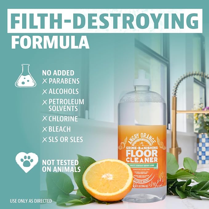 ANGRY ORANGE Hardwood Floor Cleaner - No-Rinse, Pet-Safe, Residue Free Multi-surface Cleaning Solution for Pet Urine, Grime & Everyday Dirt - Made in USA - Citrus Mint - 32 oz - Value 2 Pack