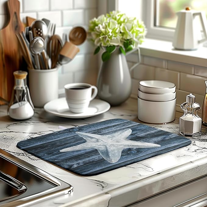 Coastal Starfish Dish Drying Mat Dark Blue Ocean Animal Print Drying Mats Microfiber Reversible Absorbent Dishes Pad Drainer Rack Mats for Kitchen Counter Sink 16x18 Inch