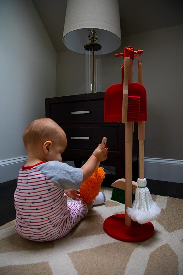 JustForKids Kids Cleaning Set, 6 Pieces - Wooden Pretend-Play Housekeeping Toy with Broom, Mop, Brush, Duster, Dustpan & Hanging Stand, STEM Learning Toy for Toddlers & Kids, Boys & Girls, Multicolor