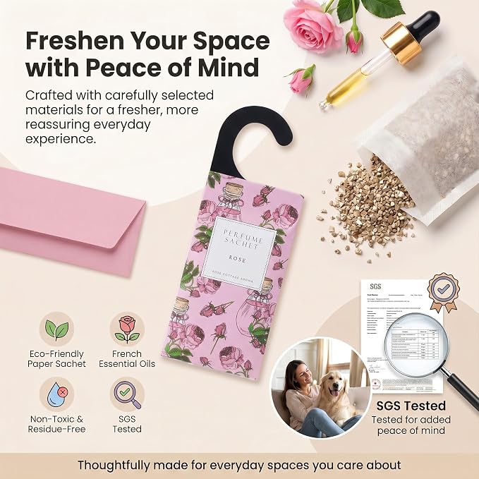 Large 12 Packs Rose Hanging Scented Sachets Long-Lasting Closet Deodorizer Air Freshener Fabric Refresher Odor Eliminator for Drawer Home Fragrance Gift Set