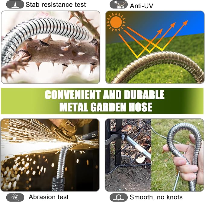 100FT Metal Garden Hose - Stainless Steel, Heavy Duty, Flexible & Lightweight, Never Kink and Tangle, with 10-Function Nozzle, Pressure Resistant for Outdoor Use (Yellow)