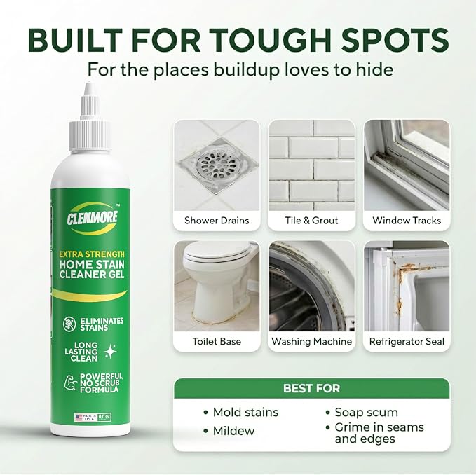 Home Stain Cleaner Gel – Extra Strength Stain Remover For Tiles, Grout, Showers, Tubs, Rubber Seals & Toilets – No Scrub Grout Cleaner & Front Load Washer Cleaner – 8 fl oz