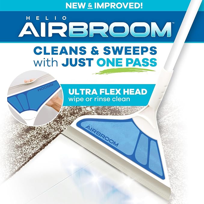 Helio AirBroom 3-Piece Sweeper, Squeegee & Dustpan for Wet/Dry Cleaning | Pet hair broom and squeegee for wet and dry cleaning on floors, windows, carpets, and furniture.