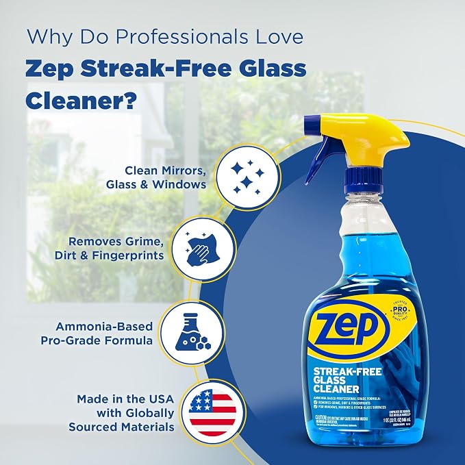 Zep Streak-Free Glass Cleaner - 32 Oz (Case of 12) ZU112032- Professional Grade Formula that Cleans Dirt, Fingerprints, Grime, Smoke Haze, and Toothpaste on Windows, Mirrors, and Other Glass Surfaces