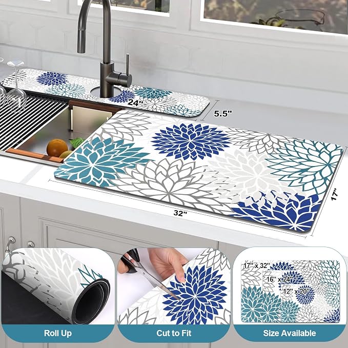 Findosom 2PCS 17" x 32" Dish Drying Mat & 24" x 5.5" Sink Splash Guard, Super Absorbent & Cuttable Dish Mat Drying Kitchen Mat with Blue Floral, Hide Stain Drying Mat for Kitchen Counter