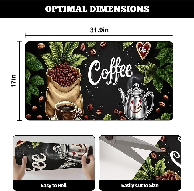 Dish Drying Mat Large Coffee Mat Absorbent Drying Mat for Kitchen Counter Coffee Bar Accessories 32"x 17", Coffee Leaves