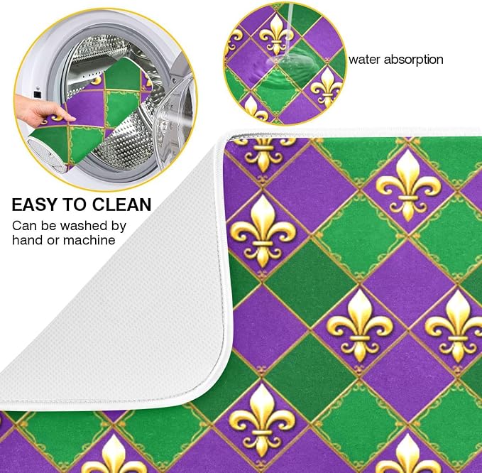 Happy Mardi Gras Purple Green Dish Drying Mat for Kitchen Countertop 18x24 Fleur de Lis Buffalo Plaid Large Drying Mat Reusable Quick Dry Dish Sink Mats Easy Clean Decorative Essentials