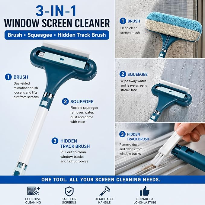 3-in-1 Window Screen Cleaner with Squeegee and Pet Hair Remover, Window Screen Cleaning Brush for Couch, Mesh and Multi-Use Crevice Tool for Patio and Porch Screens (Blue)