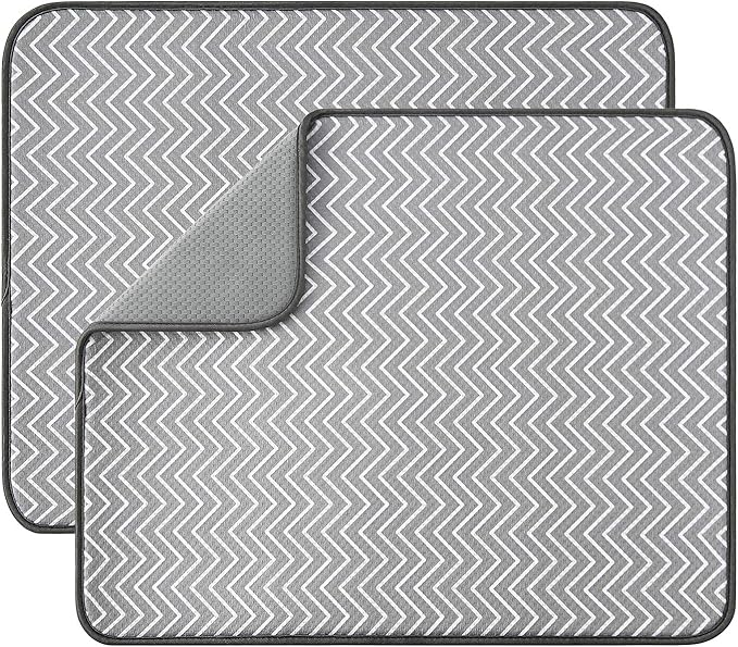 SUBEKYU Dish Drying Mat for Kitchen Counter, Microfiber Absorbent Dishes Drainer/Rack Pads under Sink, 19.6 by 16.1 inches, Set of 2, Grey, Ripple