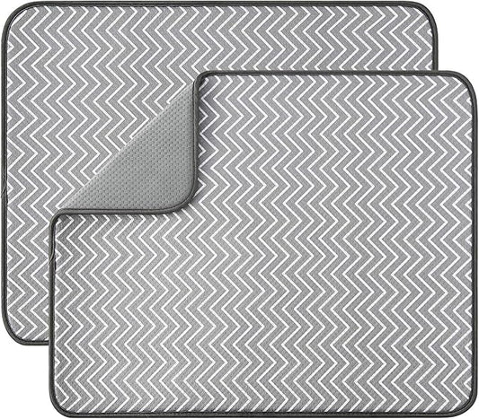 SUBEKYU Dish Drying Mat for Kitchen Counter, Microfiber Absorbent Dishes Drainer/Rack Pads under Sink, 19.6 by 16.1 inches, Set of 2, Grey, Ripple