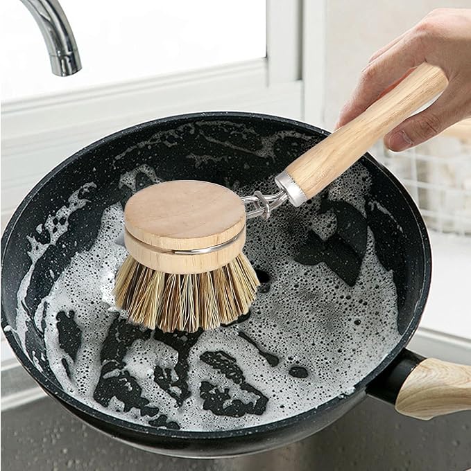 Wooden Dish Brush Set, 4 Natural Bristle Replacement Heads with 1 Sturdy Wooden Handle, Palm Kitchen Scrub Brush for Pots, Pans, Vegetables and Cookware