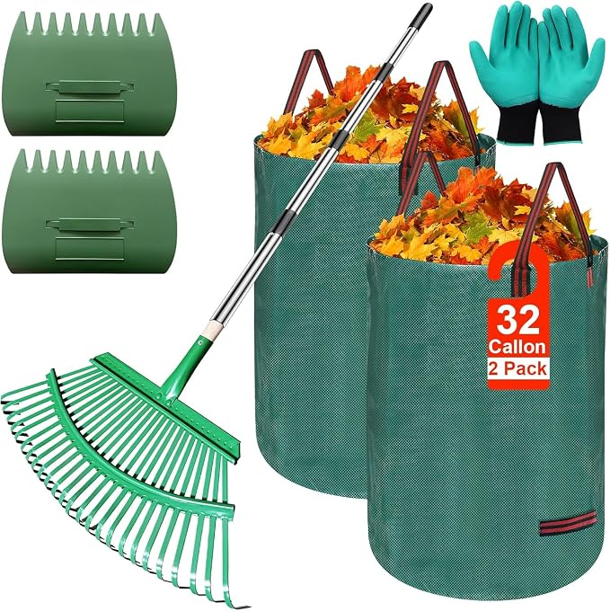 5-in-1 Garden Leaf Rake Tool Set ,53 inches Adjustable Leaf Rake with 2 Large Leaf Collector Bag,A Pair of Leaf Grabbers and A Pair of Work Gloves– Perfect for Yard Cleanup, Outdoor Gardening