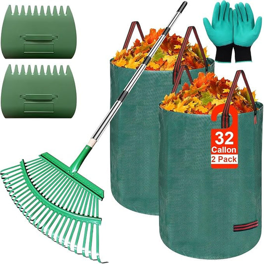 5-in-1 Garden Leaf Rake Tool Set ,53 inches Adjustable Leaf Rake with 2 Large Leaf Collector Bag,A Pair of Leaf Grabbers and A Pair of Work Gloves– Perfect for Yard Cleanup, Outdoor Gardening