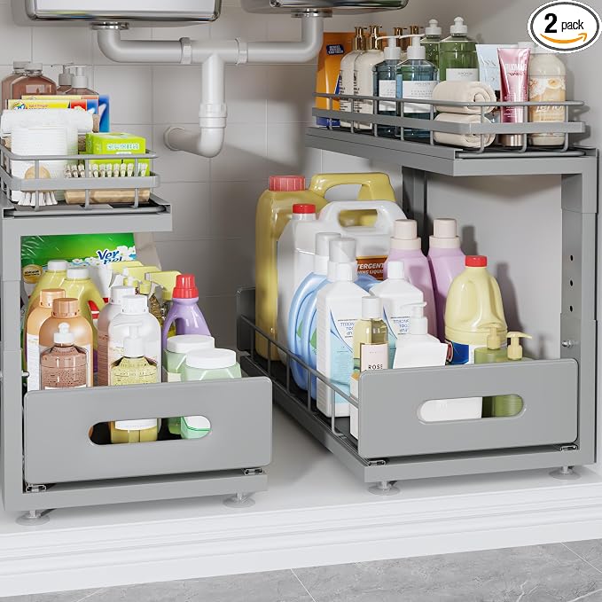 Under Sink Organizer Upgrade To Professional Rails,2-Tier Dual Pull Out Cabinet Storage,Height Adjustable Slide Out Drawers For Bathroom Kitchen,2 Pack-18.5"Dx12.8"-16.9"H,Gun Gray