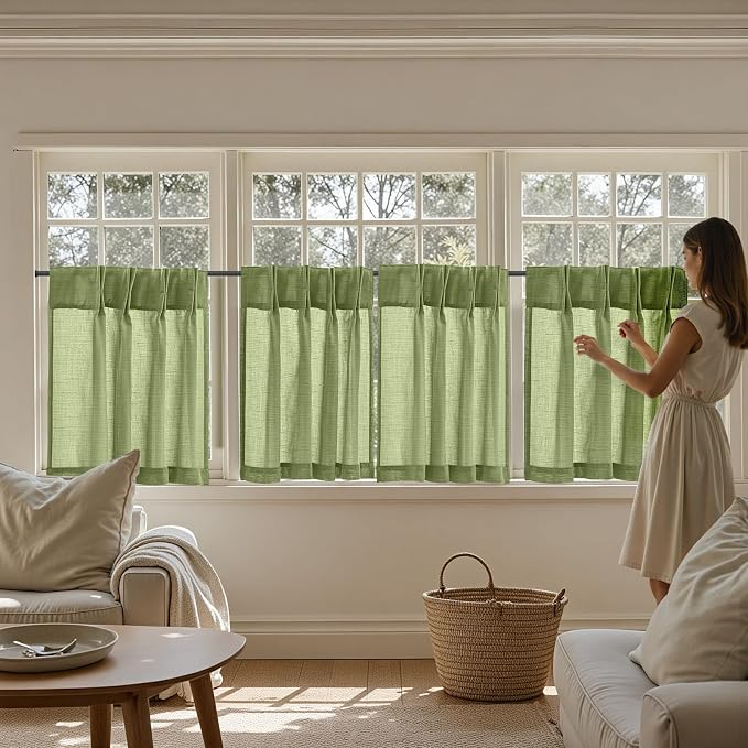 jinchan Linen Pinch Pleated Back Tab Tier Curtains, 26x30, 2 Panels, Green | Light filtering,small window treatment,cafe curtains,machine washable,farmhouse,kitchen,bathrooms,laundry