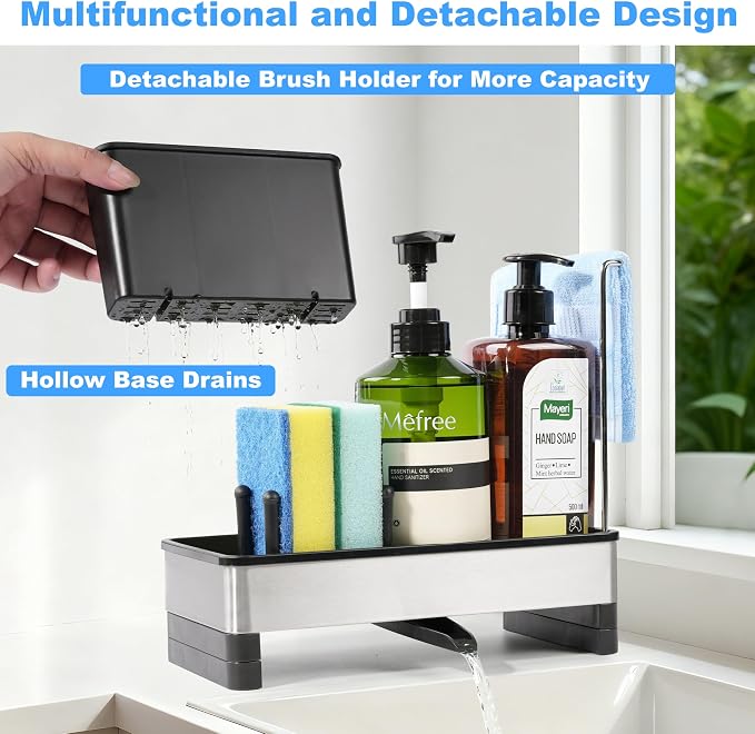 Sponge Holder for Kitchen Sink Caddy Organizer, Dish Brush Holder | Stainless Steel Sponge Caddy for Kitchen Countertop Organizer, Rustproof Dish Soap and Sponge Rack with Dishcloth Drying Rack