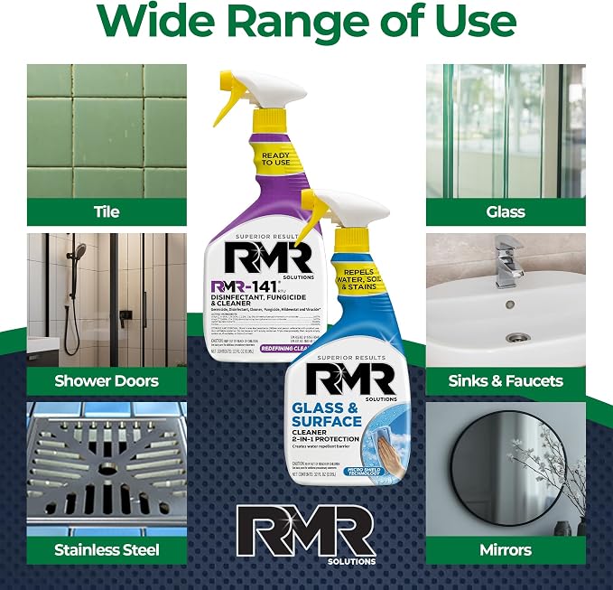 RMR Defend & Detail Duo – RMR-141 EPA Registered Mold & Mildew Spray + Glass & Surface Cleaner/Repellent, 2-Step Clean & Protect System for Glass, Tile, Bathrooms, Surfaces, 2–32 Oz Bottles