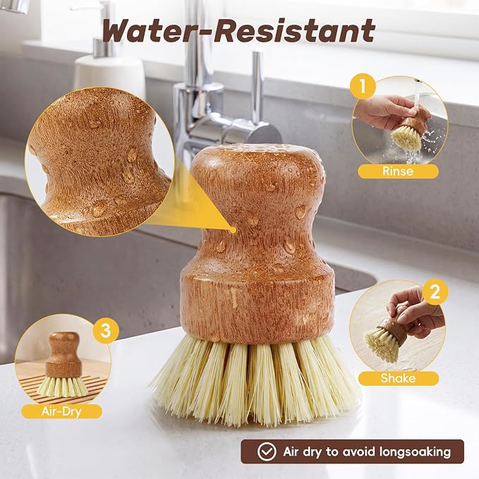 DEBETOOL 3-Pack Wooden Dish Brush - Natural Dish Scrubber & Vegetable Brush with Sisal Bristles, Kitchen Scrub Brush for Pots Pans & Vegetables