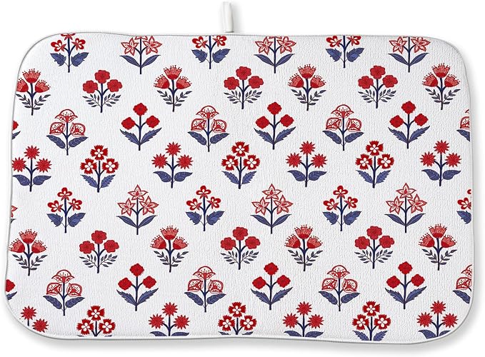 Red Blue Dish Drying Mat 18x24 Inch Vintage Boho Block Print Floral Drying Mat 4th of July Patriotic Flower Seasonal Absorbent Dish Drying Pad Dish Rack Drainer Mats for Kitchen Dining Counter