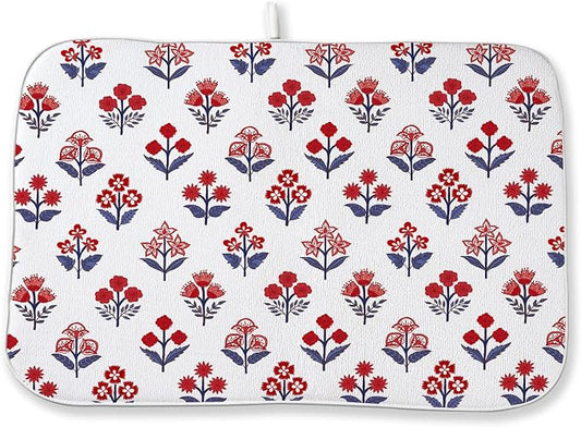 Red Blue Dish Drying Mat 18x24 Inch Vintage Boho Block Print Floral Drying Mat 4th of July Patriotic Flower Seasonal Absorbent Dish Drying Pad Dish Rack Drainer Mats for Kitchen Dining Counter