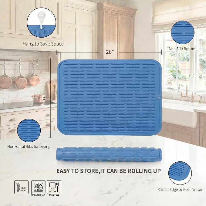 MicoYang Silicone Dish Drying Mat for Multiple Usage,Easy clean,Eco-friendly,Heat-resistant Silicone Mat for Kitchen Counter or Sink,Refrigerator or Drawer Liner Lichen BlueL 3XL 28 inches x 18 inches