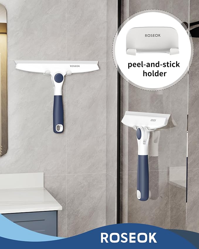 ROSEOK Shower Squeegee, Silicone Squeegee for Glass Doors with Hook | For Bathroom, Window, Mirror, Tile Wall, Pivoting Head, 10 Inch, Navy Blue, 1 Pack
